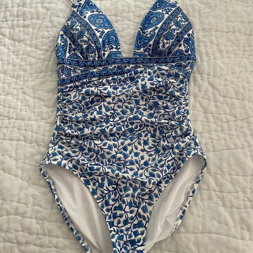 J. Crew Blue and White One Piece Swimsuit with Geometric Floral Design - Picture 5 of 5